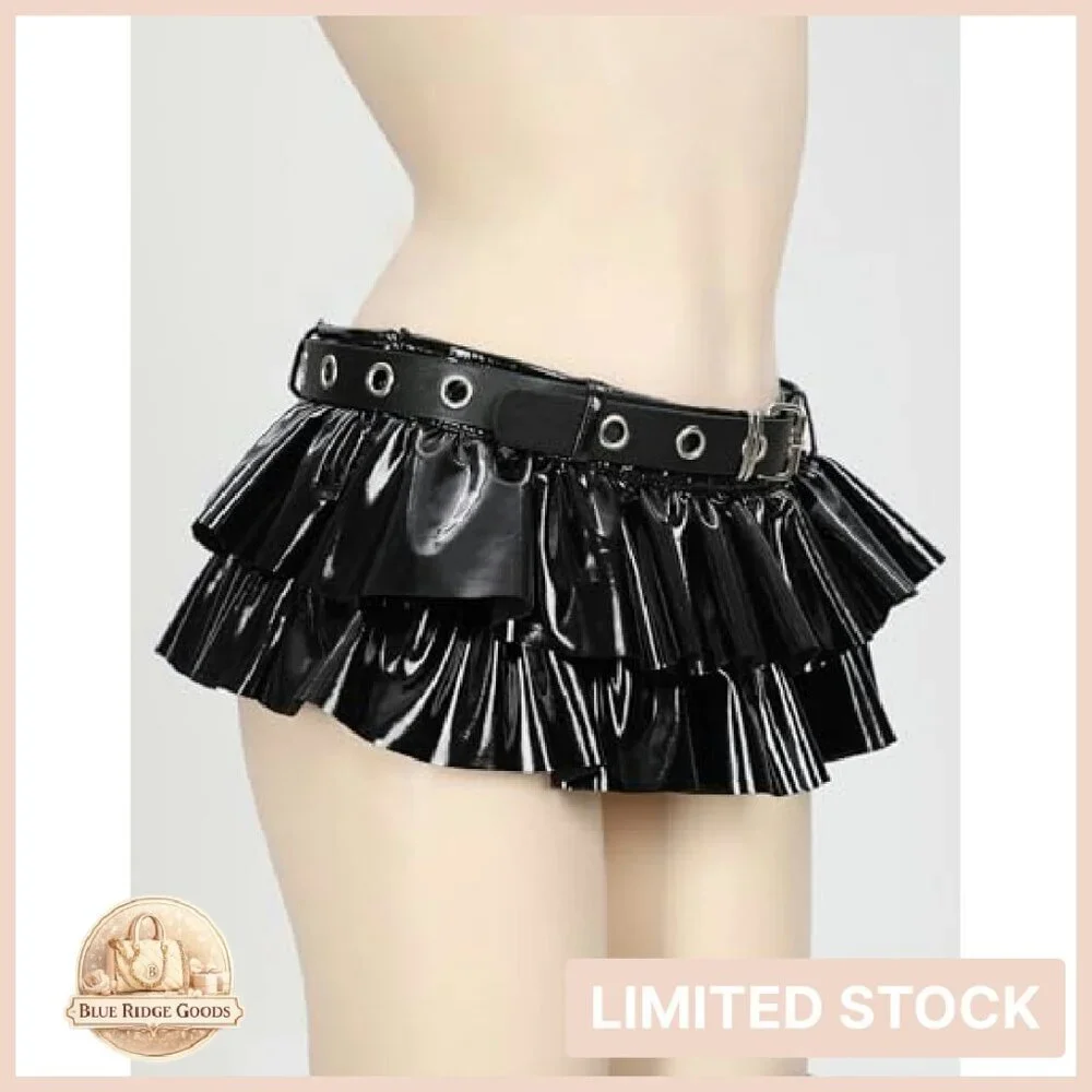 Gothic Punk Mini Skirt Shiny Leather Pleated Edge Y2K Club Wear
